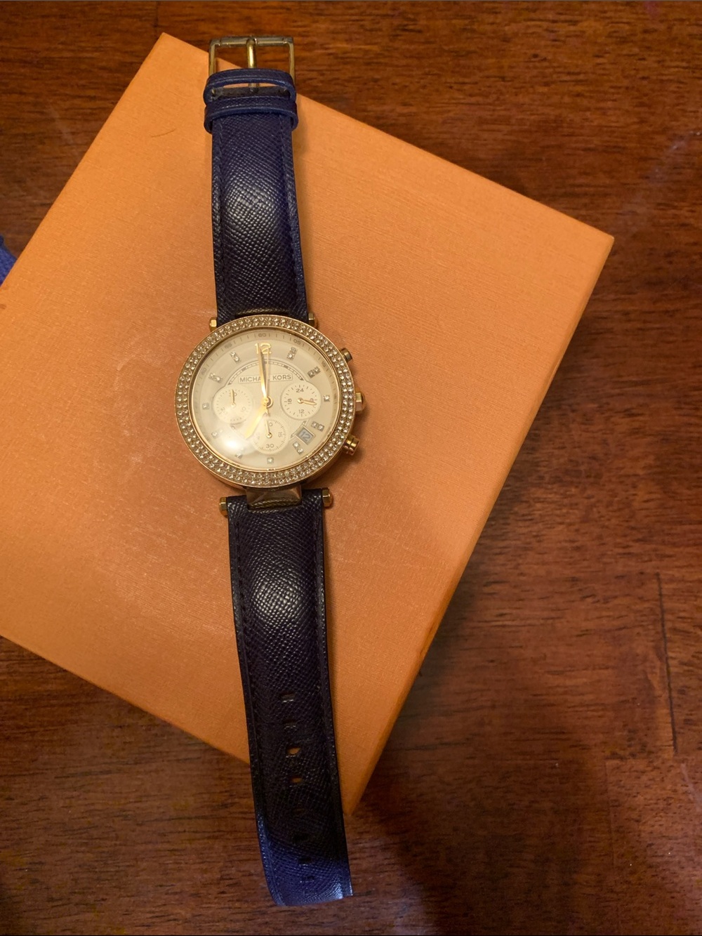 Absolutely stunning authentic MK watch with rare navy leather belt, crystals